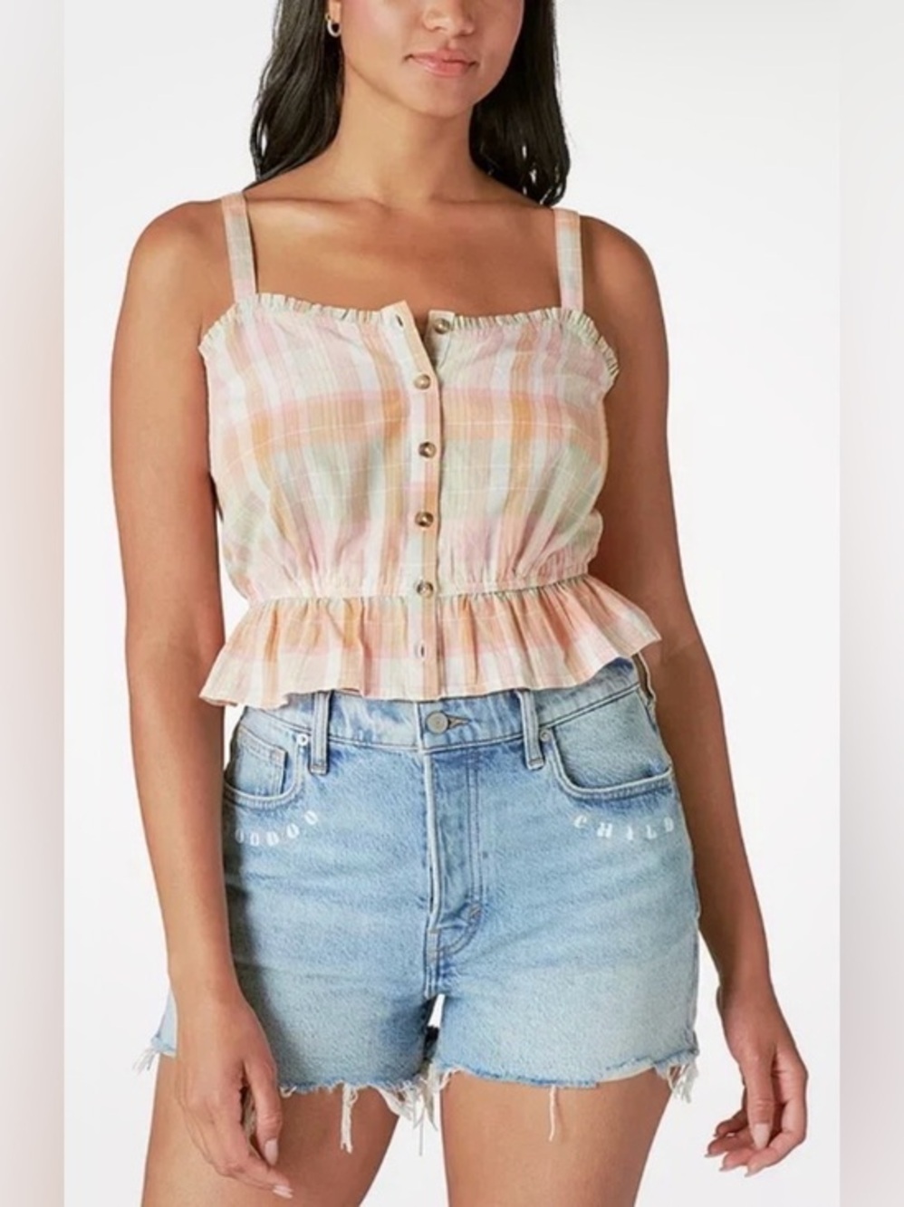 Lucky Brand Peach Plaid Smocked Back Adjustable Cami Top Blouse NWOT XL #2668